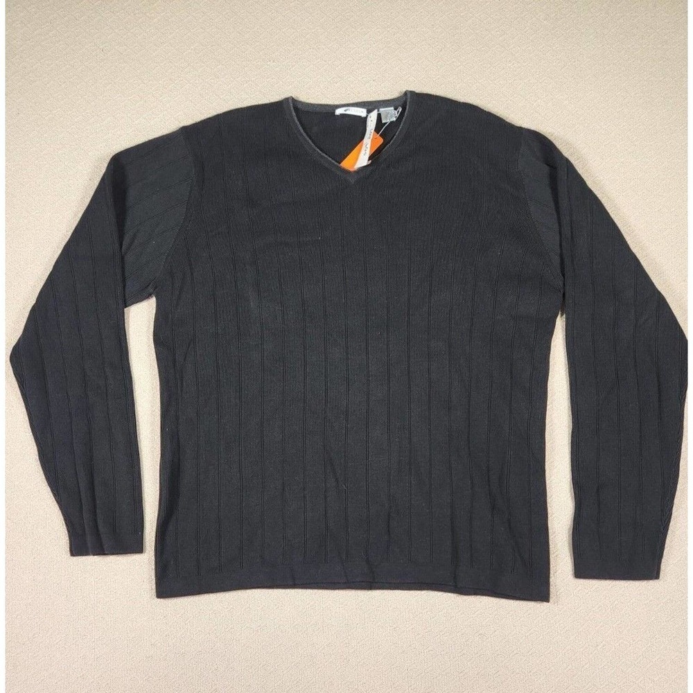 Vintage Halogen Sweater Mens Medium M Black Ribbed Pullover V Neck Y2K NWT